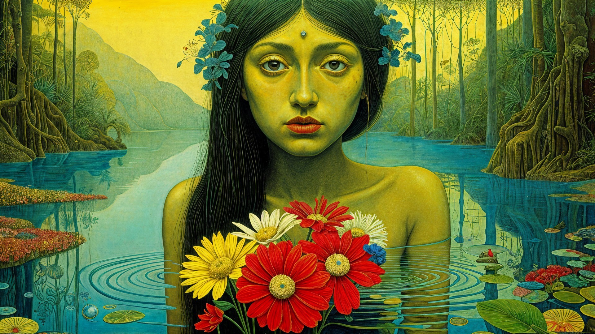 Serene Young Woman in Reflective Water and Flowers