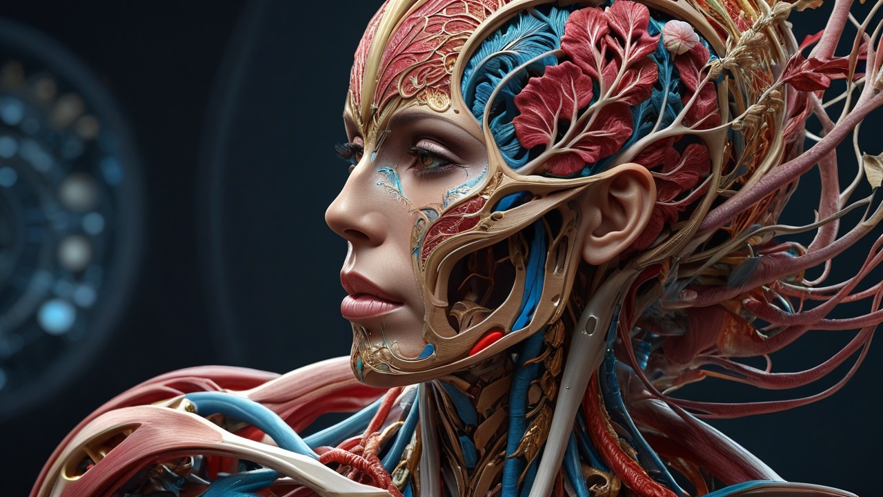 Artistic Female Bust with Botanical Elements and Colors