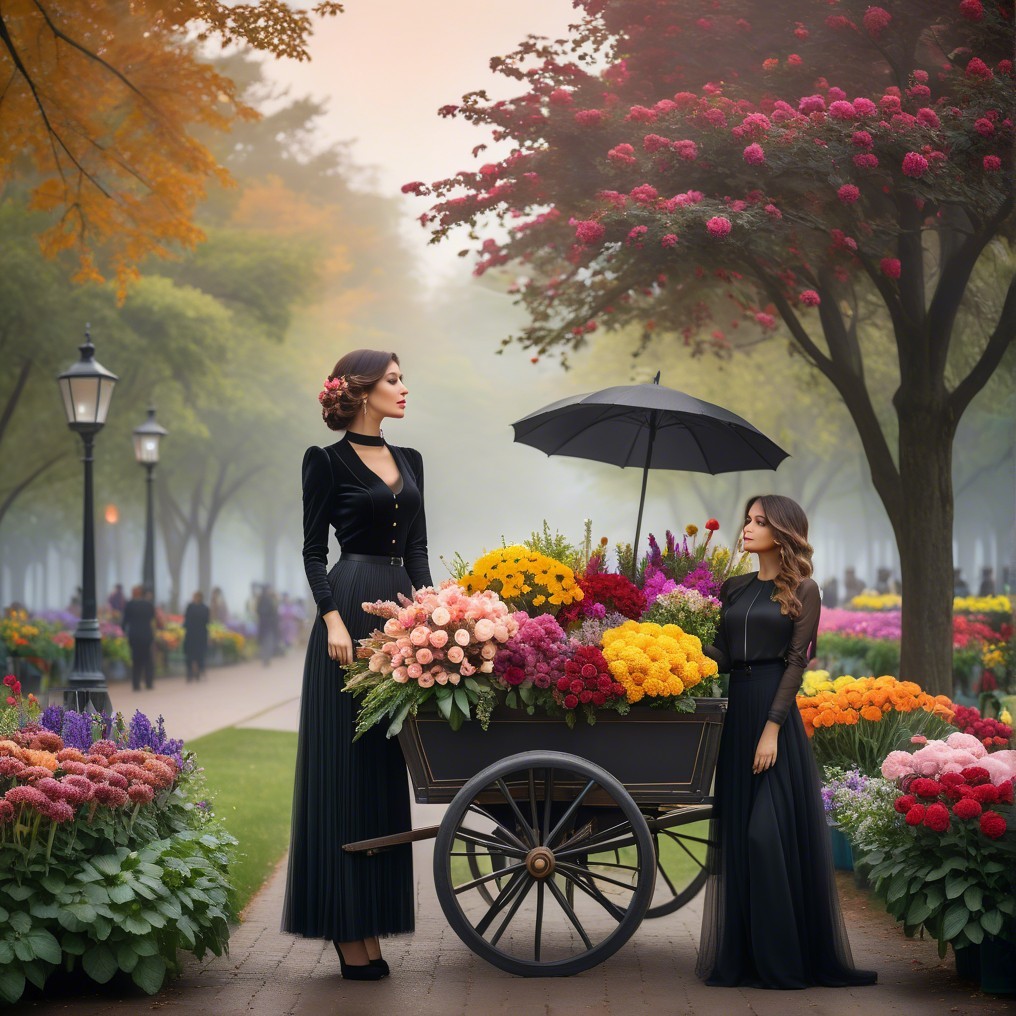 Misty Garden Scene with Elegant Women and Flower Cart