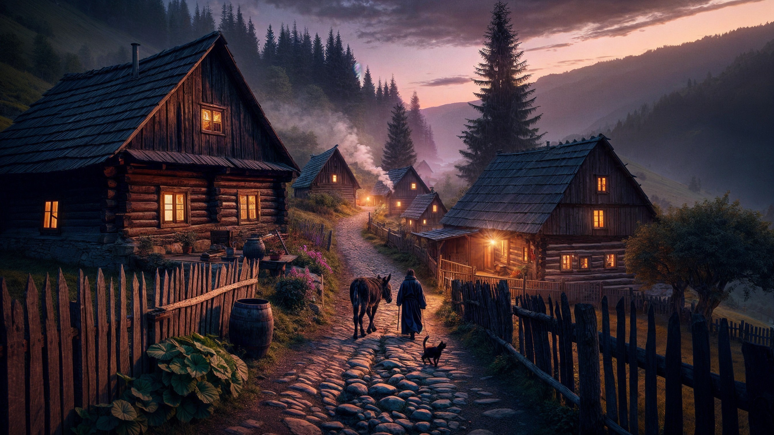 Tranquil Village at Dusk with Rustic Houses and Hills