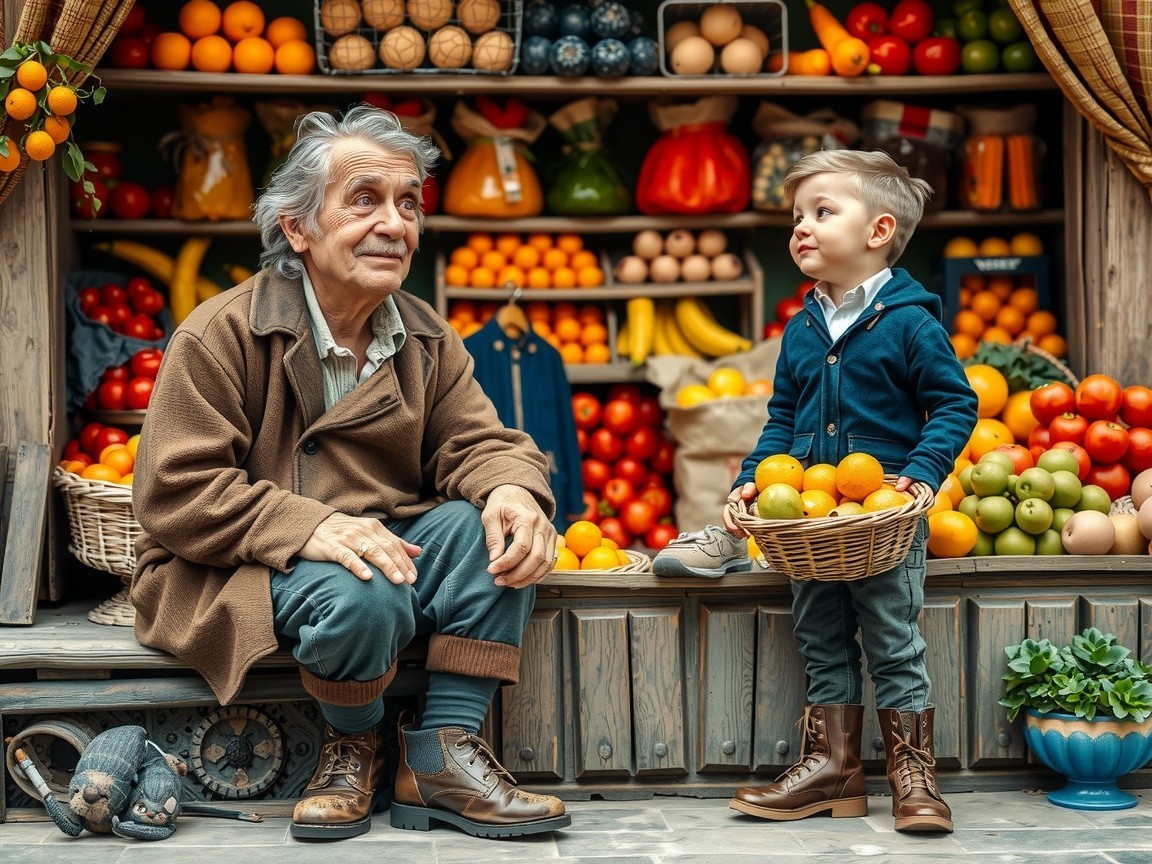 Cozy Market Scene with Elderly Man and Young Boy