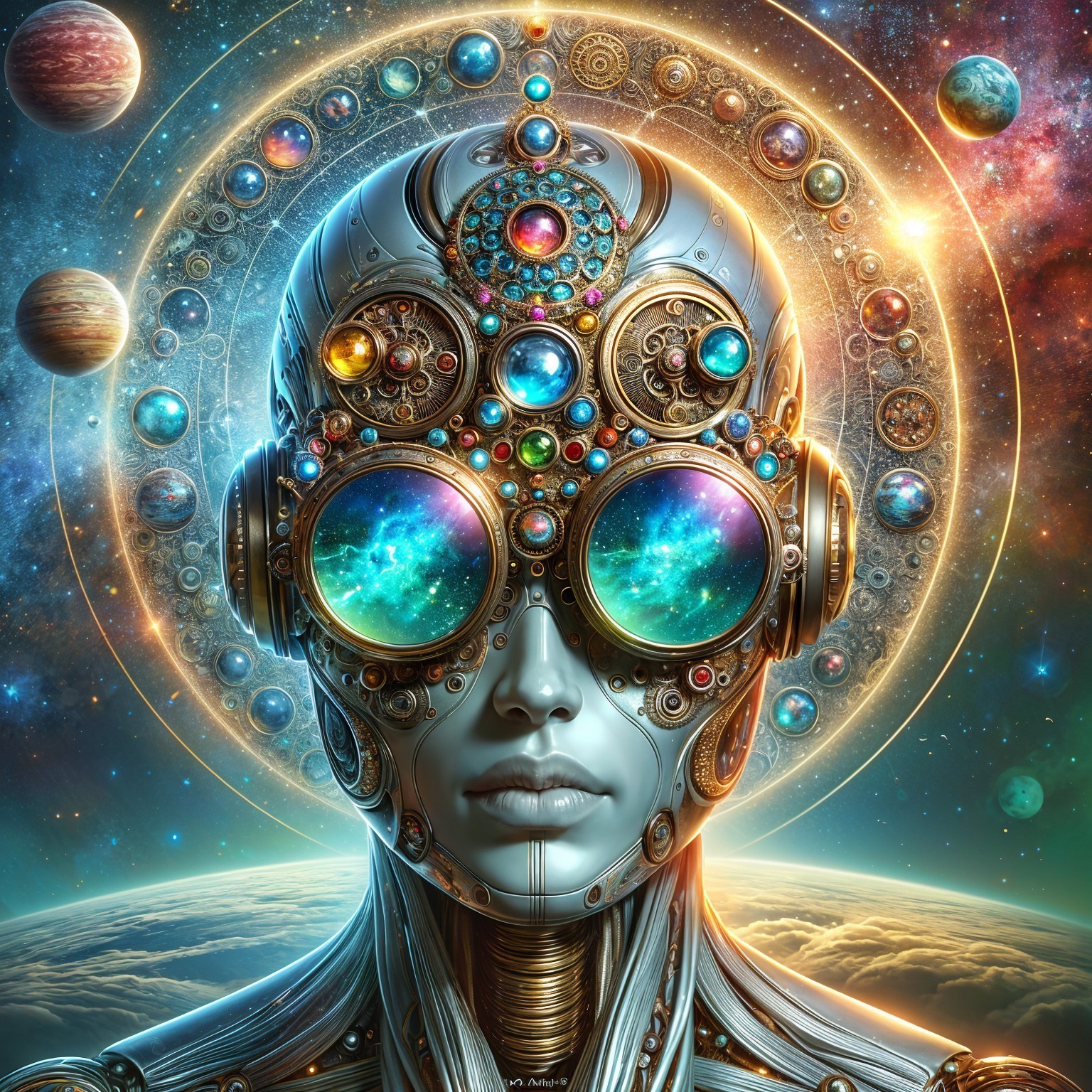 Futuristic figure with metallic skin in cosmic setting