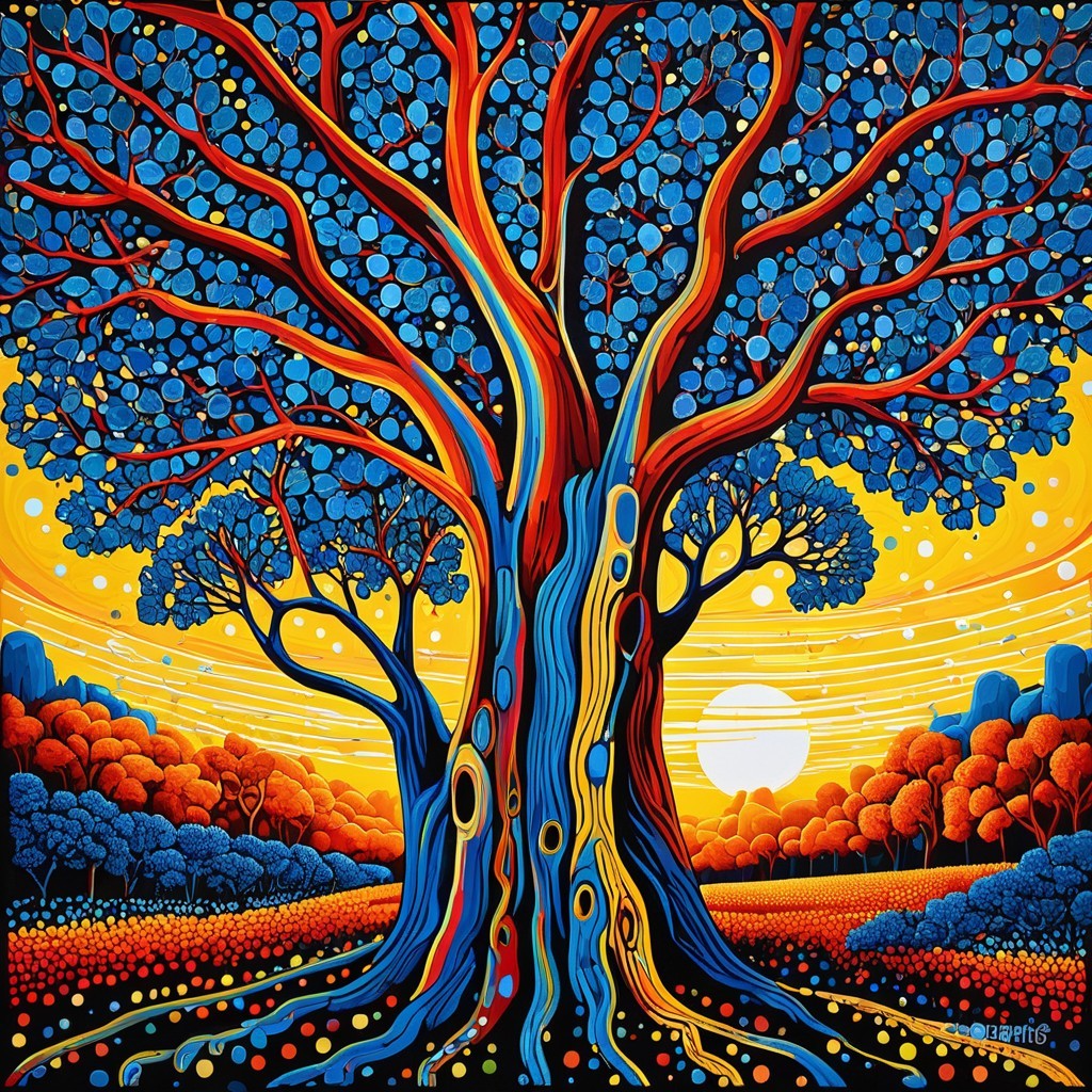 Vibrant Tree with Blue Leaves and Sunset Background