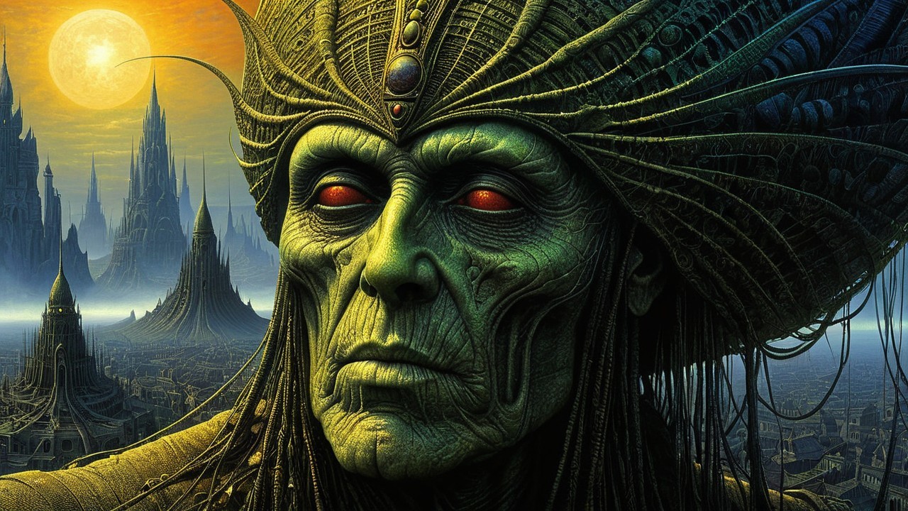 Otherworldly Figure with Green Skin and Red Eyes