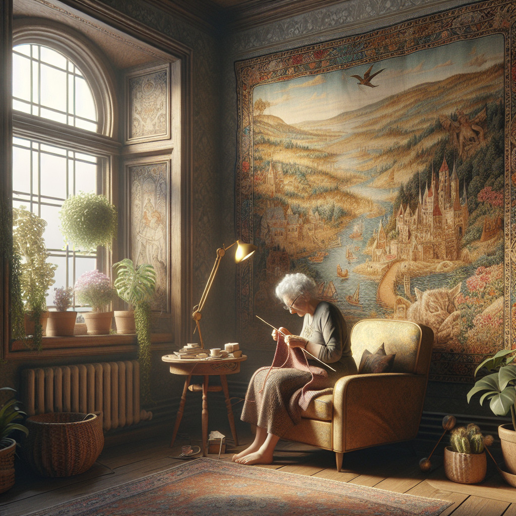 Elderly Woman Knitting in Cozy, Plant-Filled Room