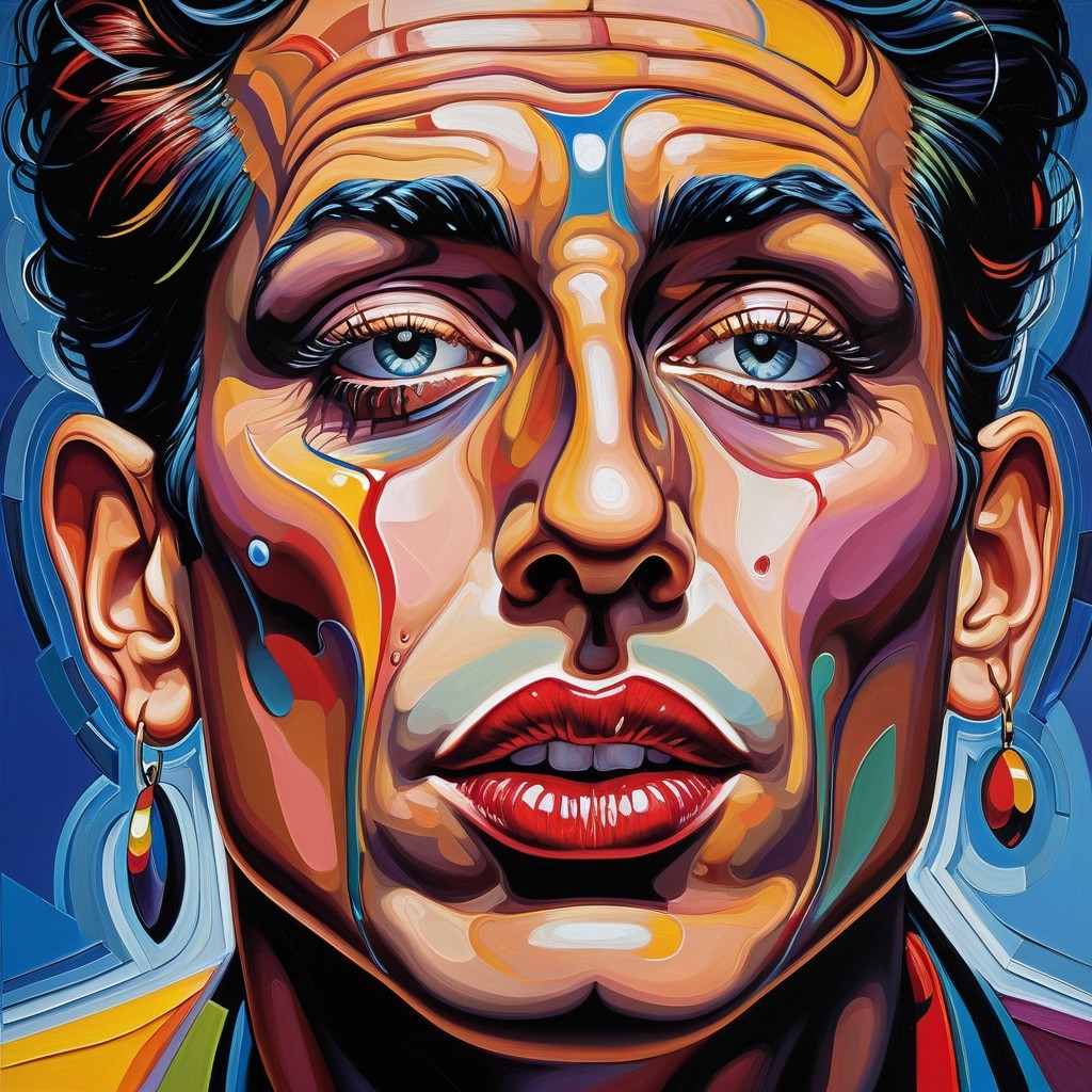Stylized Portrait with Blue Eyes and Colorful Features