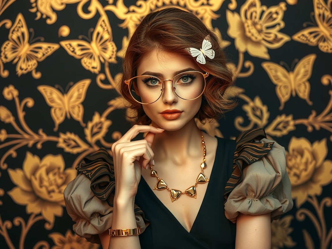 Young woman in stylish black dress against floral wallpaper