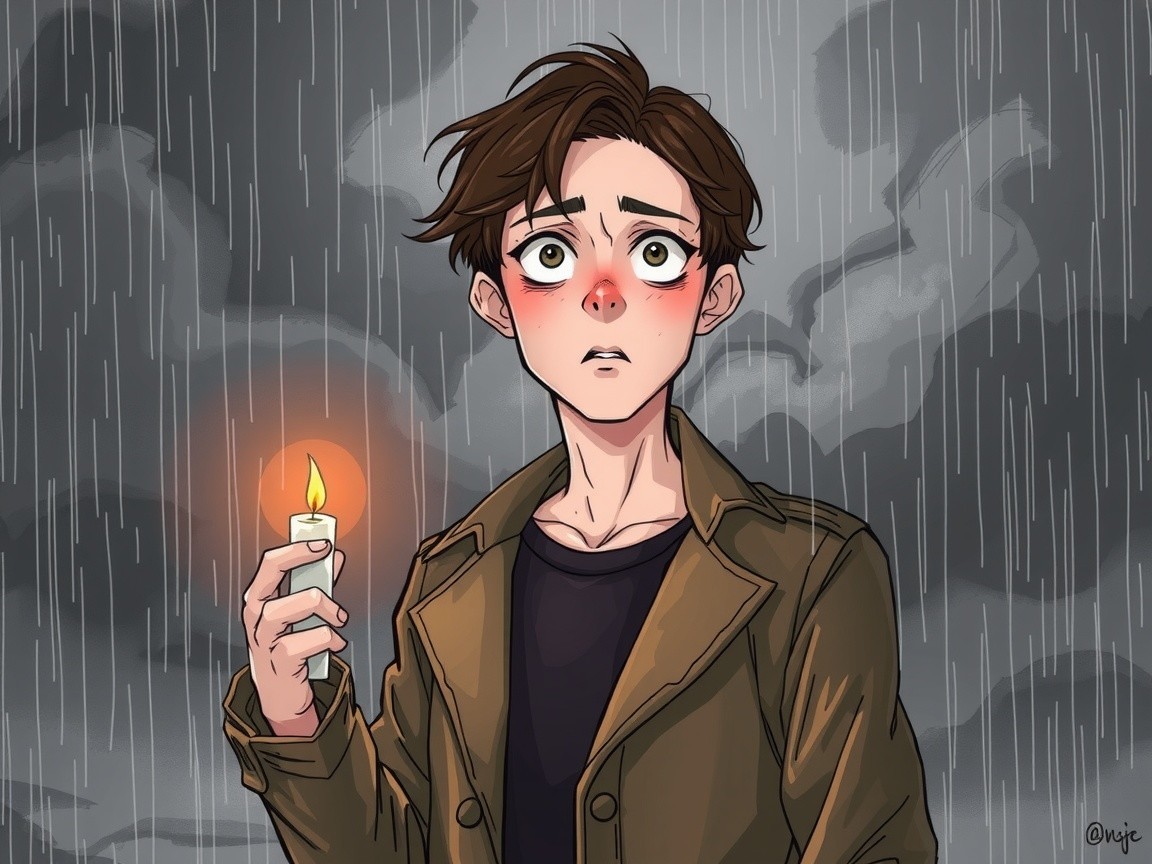 Young Person with Candle in Rainy Atmosphere