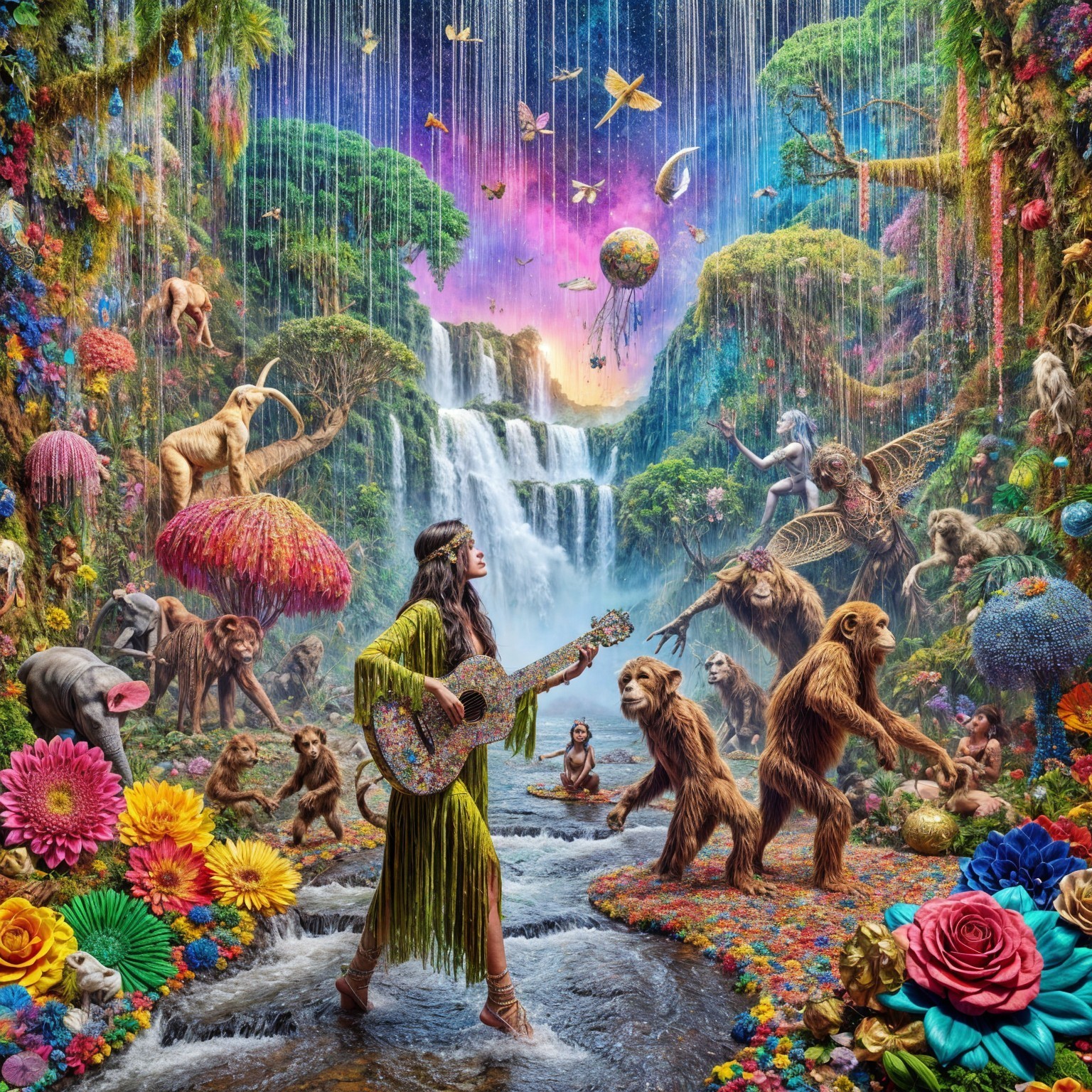 Magical Landscape with Guitarist and Whimsical Creatures