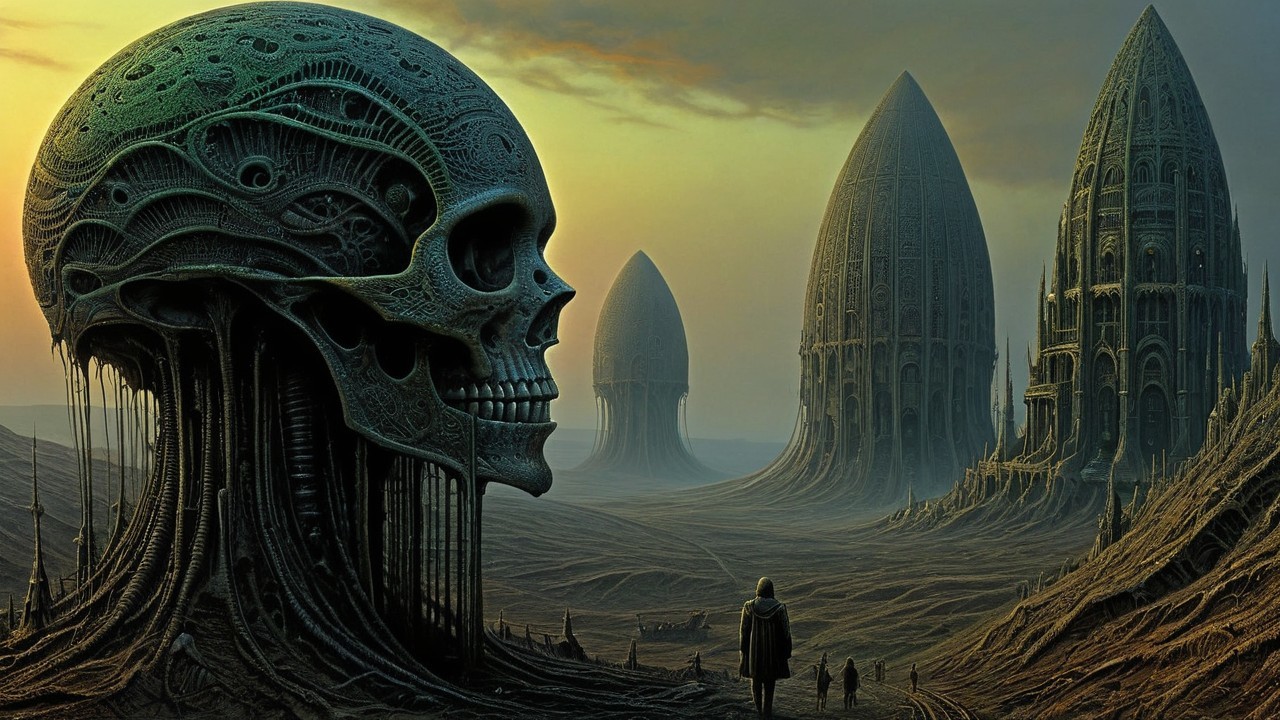 Surreal Landscape with Skull and Futuristic Structures