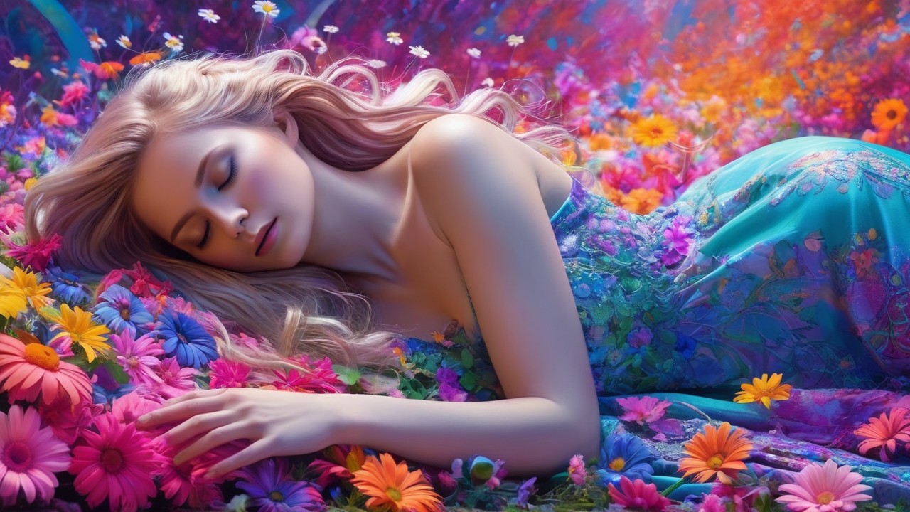 Serene Scene of a Woman Sleeping Amid Flowers