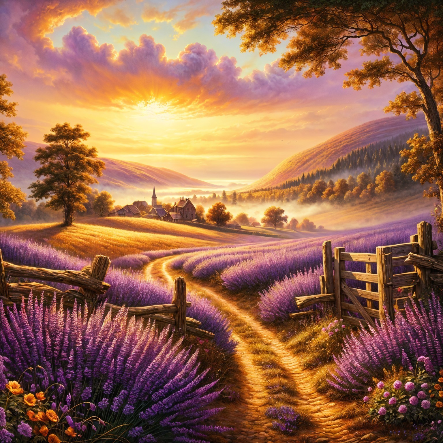 Tranquil Landscape with Lavender Fields and Village