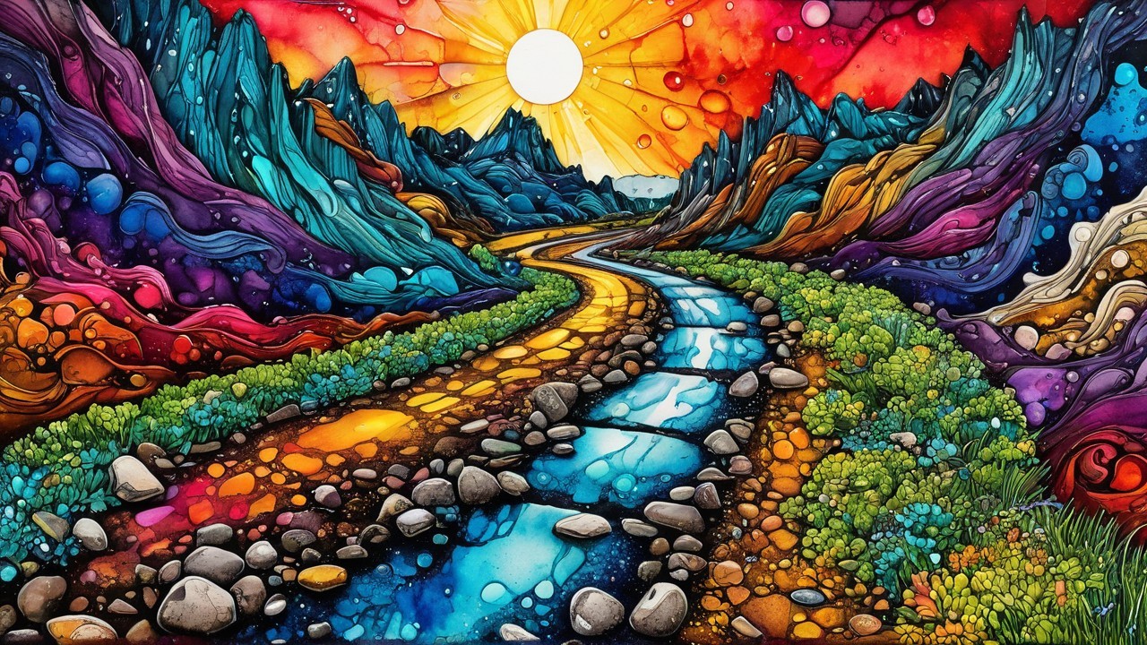 Surreal Landscape with Hills, Mountains, and River