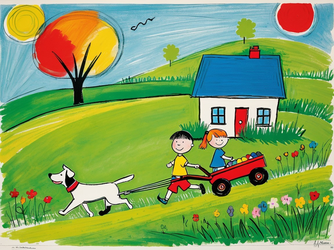 Playful Illustration of Children with a Wagon and Dog