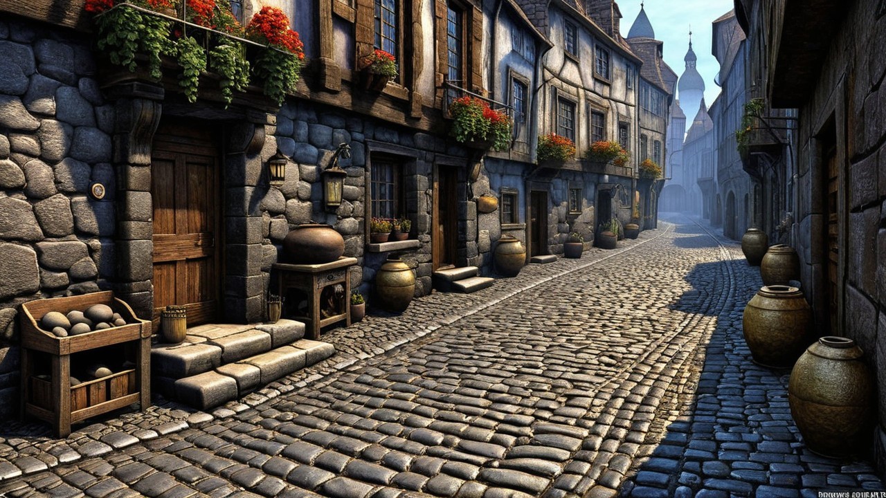 Cobblestone Street with Quaint Houses and Market Stalls