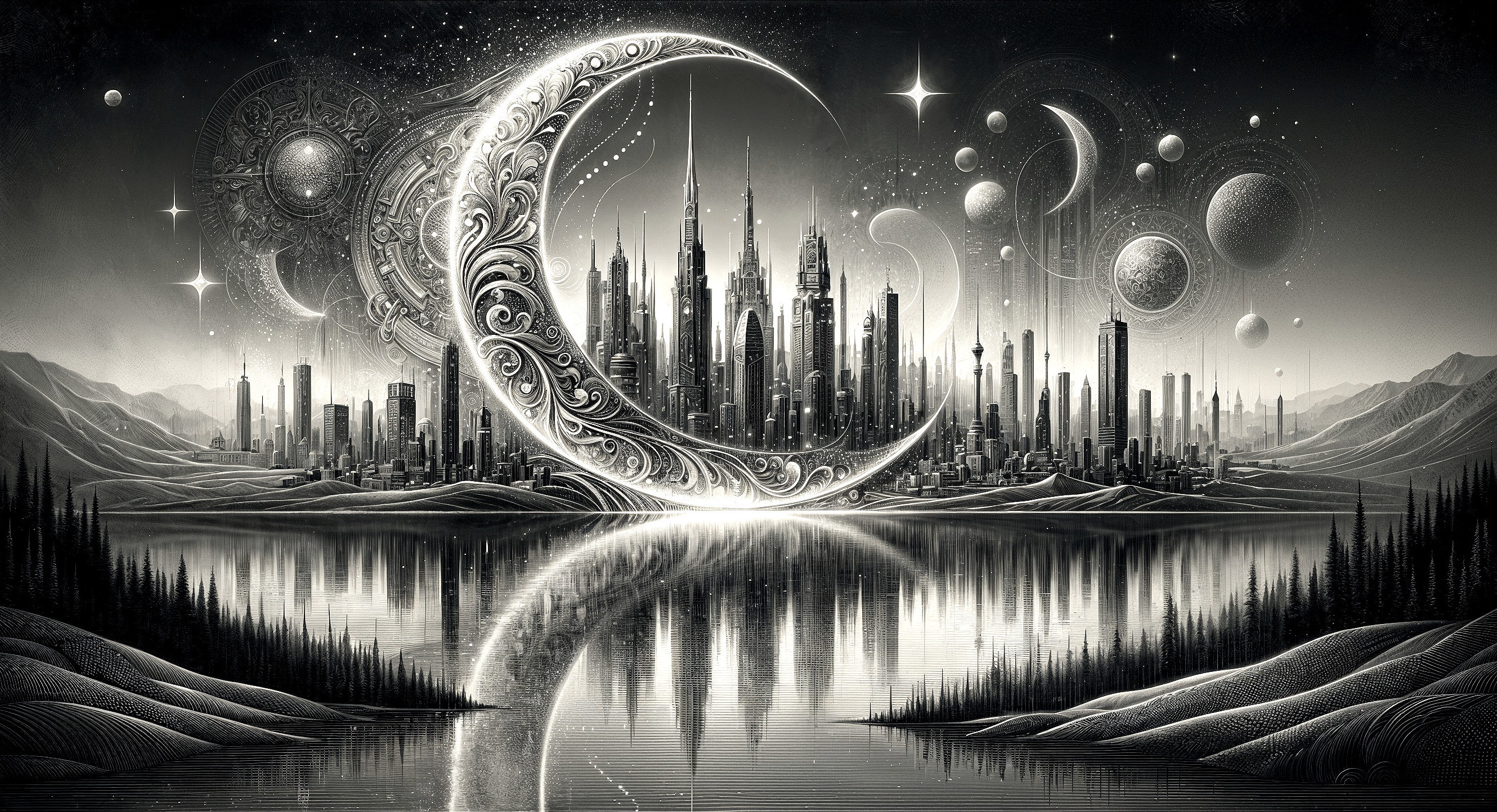 Black-and-White Landscape with Futuristic City Skyline