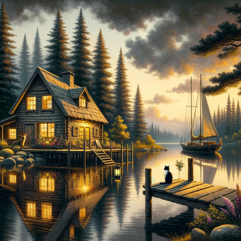 Cozy wooden cabin by a serene lake at dusk