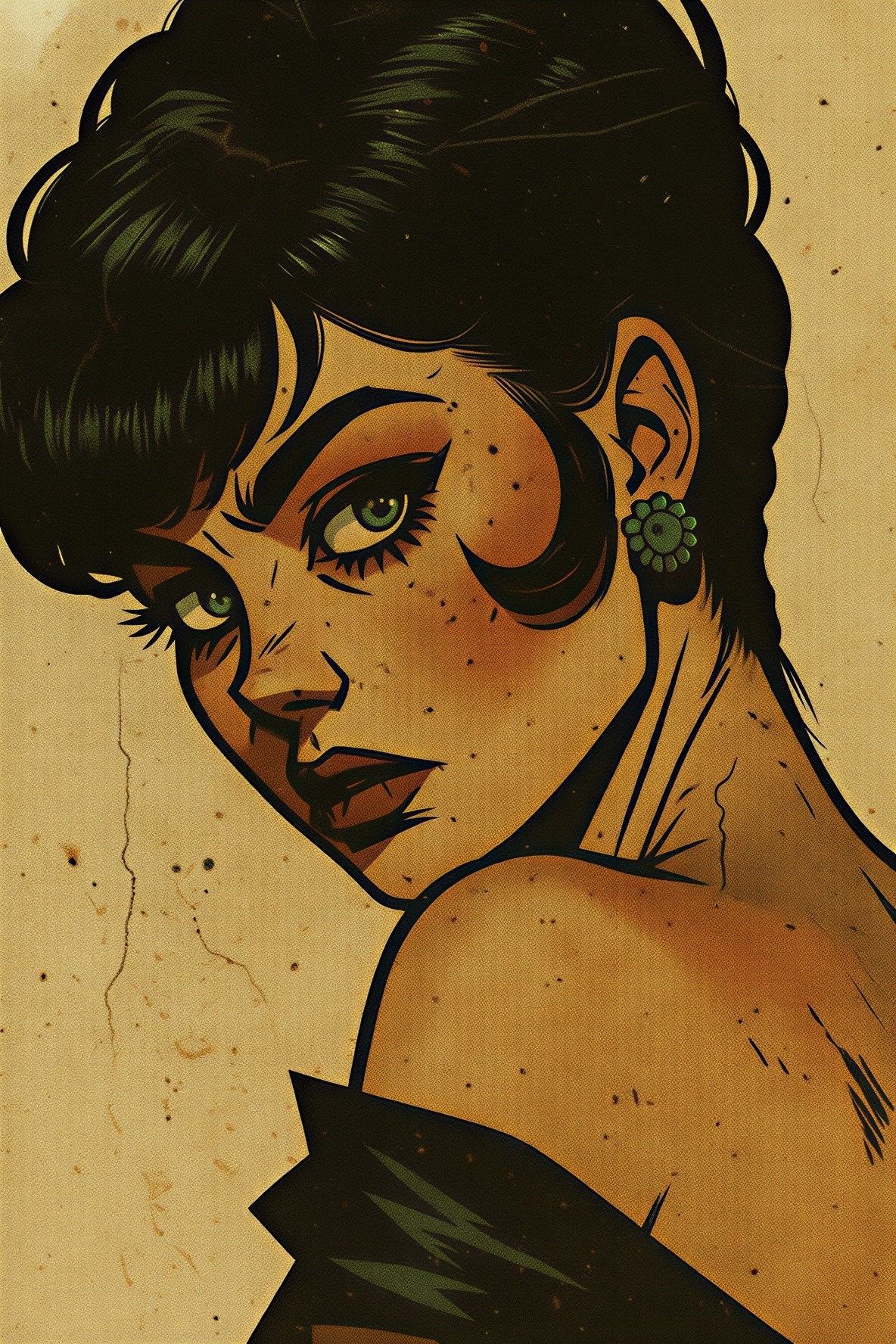 Illustration of a Woman with Green Eyes and Vintage Dress