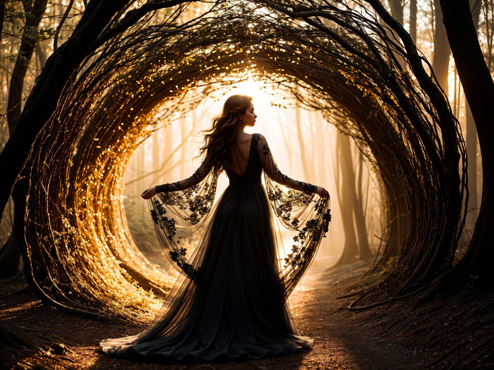 Silhouette of a Woman in a Forest with Lights