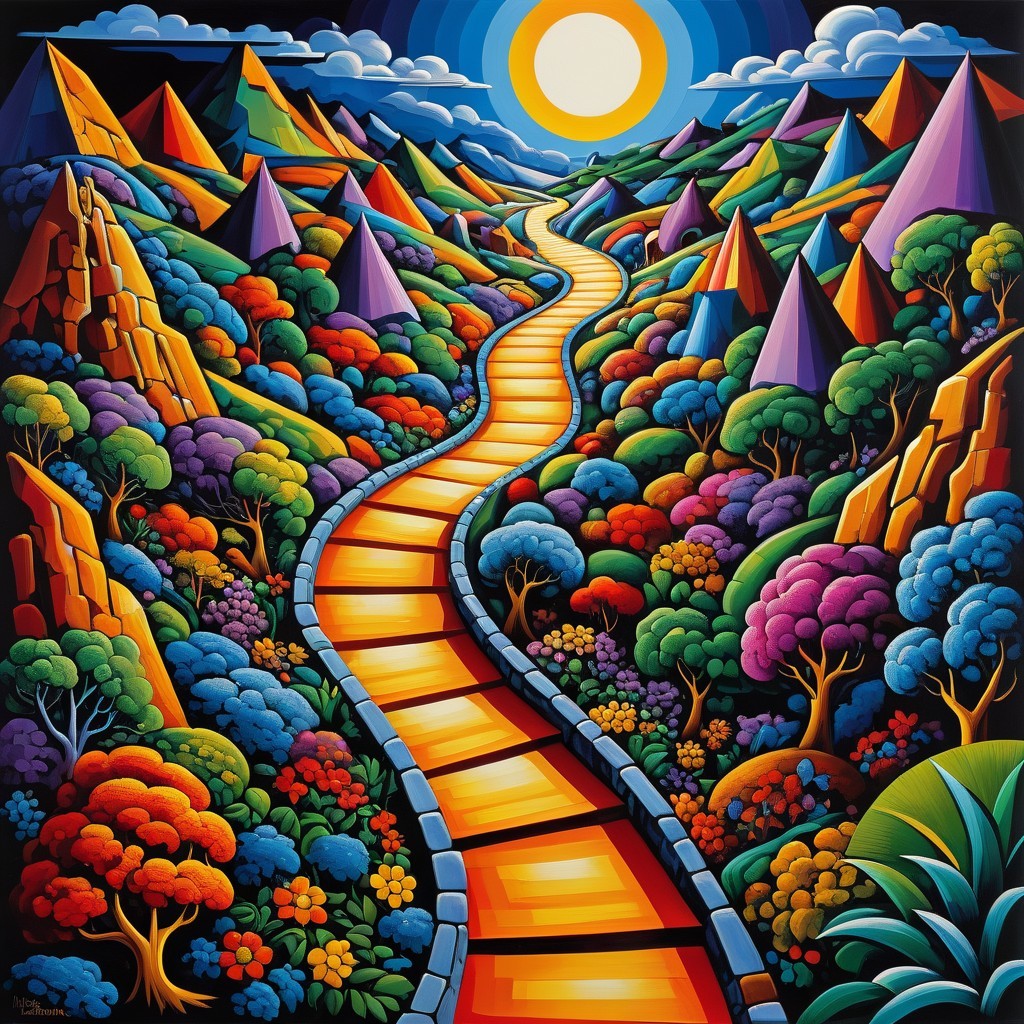 Vibrant Landscape with Golden Path and Colorful Hills