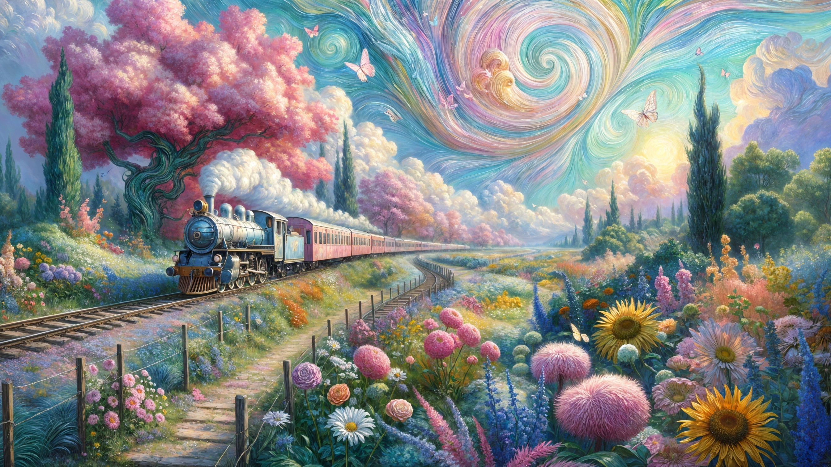 Vibrant Landscape with Vintage Steam Train and Flowers