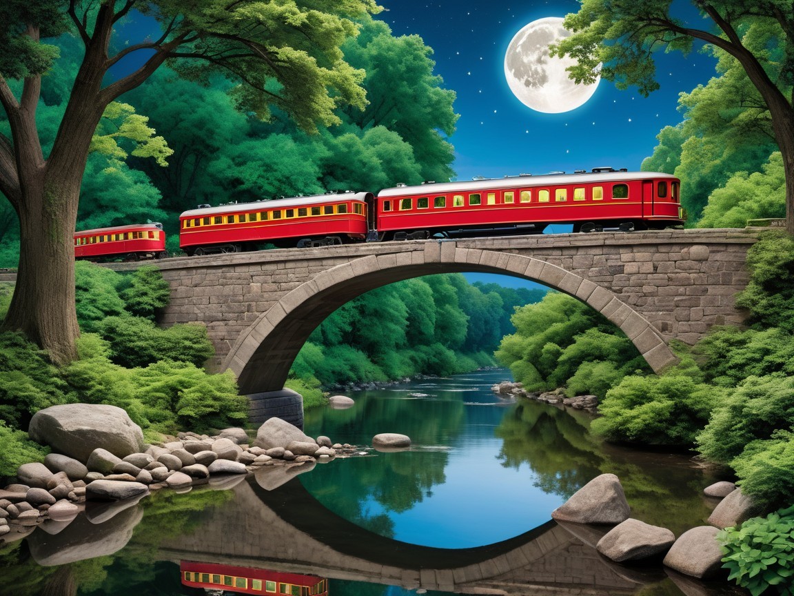 Red Train on Stone Bridge Under Starry Night Sky