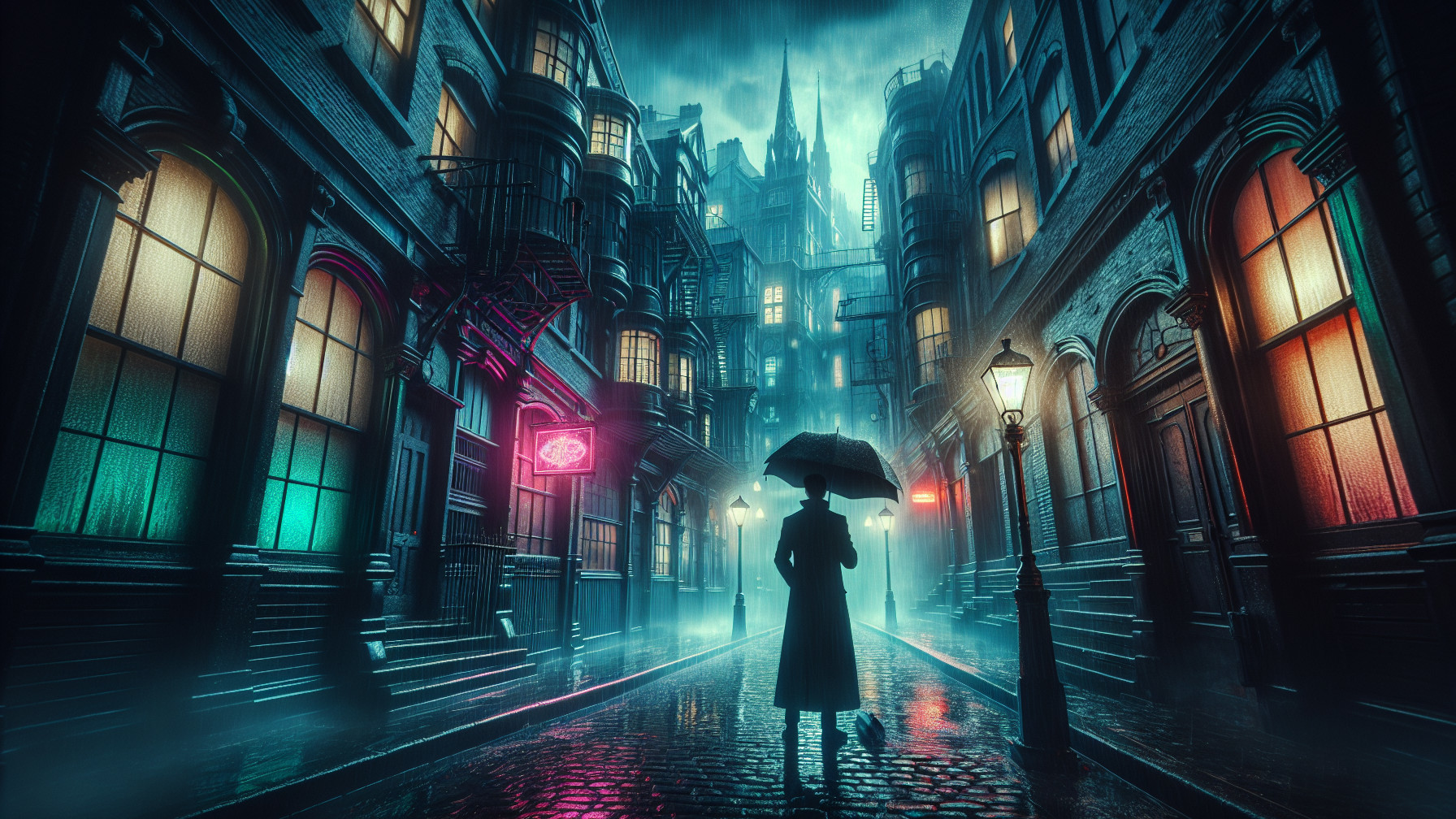 Mysterious Alleyway with Neon Lights and Rain