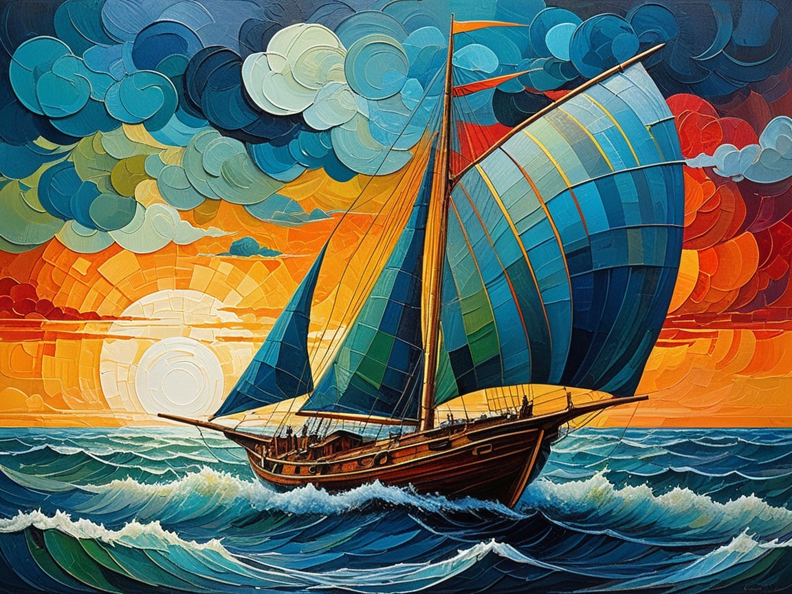 Vibrant Painting of Sailing Boat at Sunset