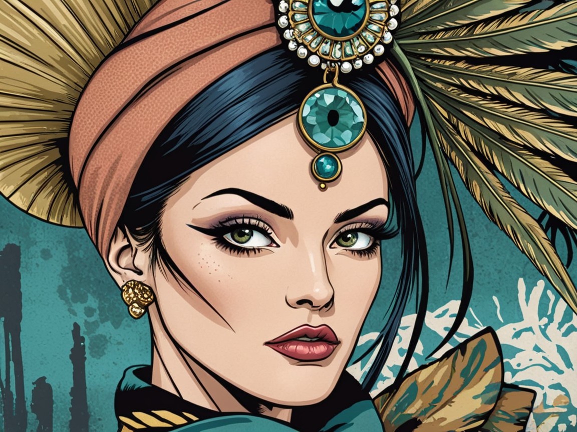 Striking Woman with Bold Makeup and Unique Headpiece