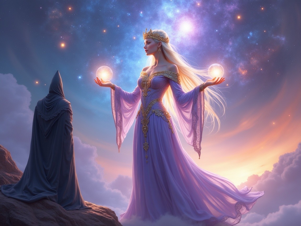 Majestic celestial figure with glowing orbs and clouds