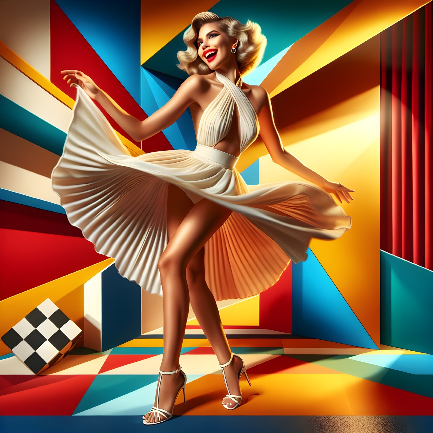 Glamorous Woman in White Dress Against Colorful Backdrop