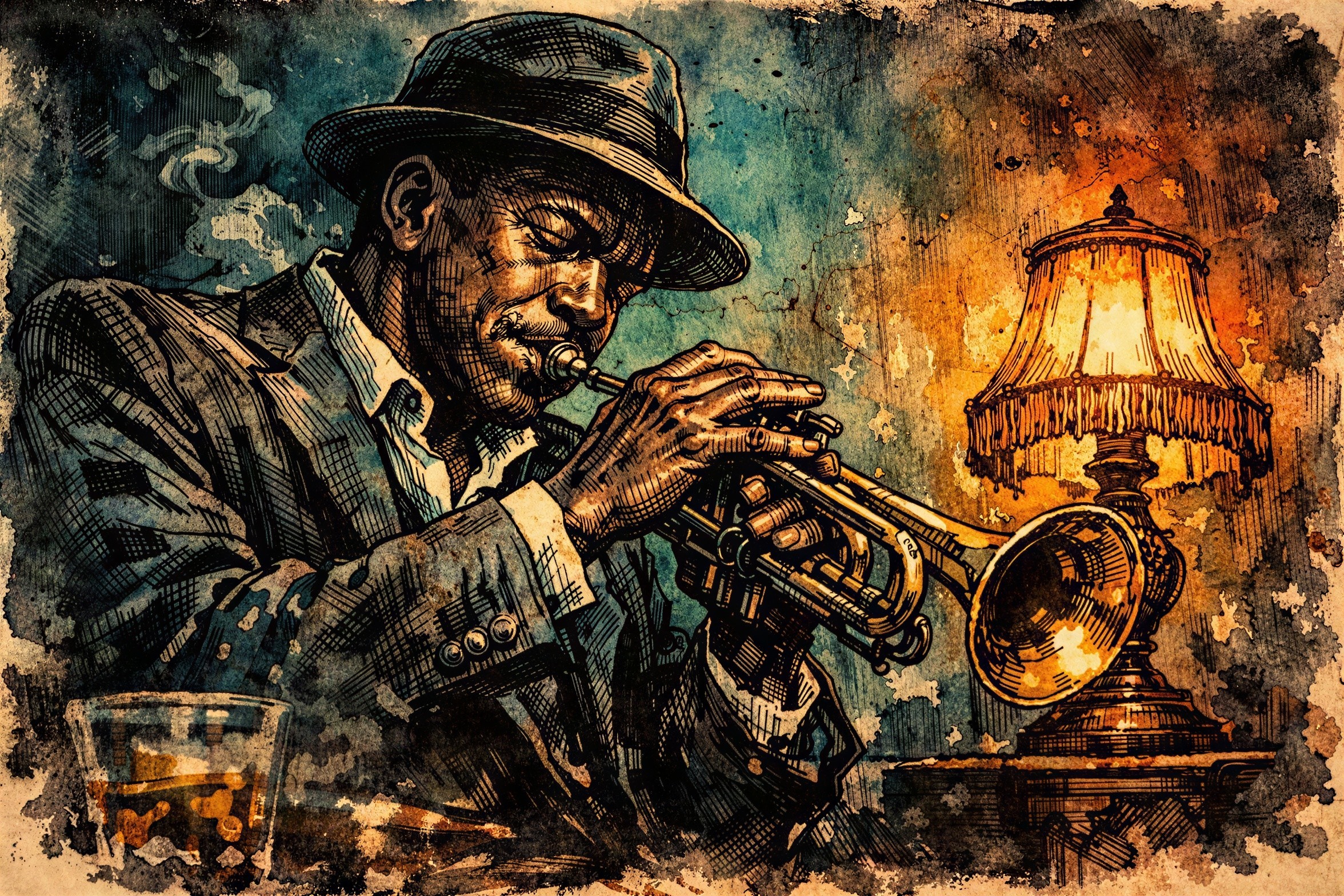 Vintage Watercolor of a Black Jazz Musician Playing Trumpet