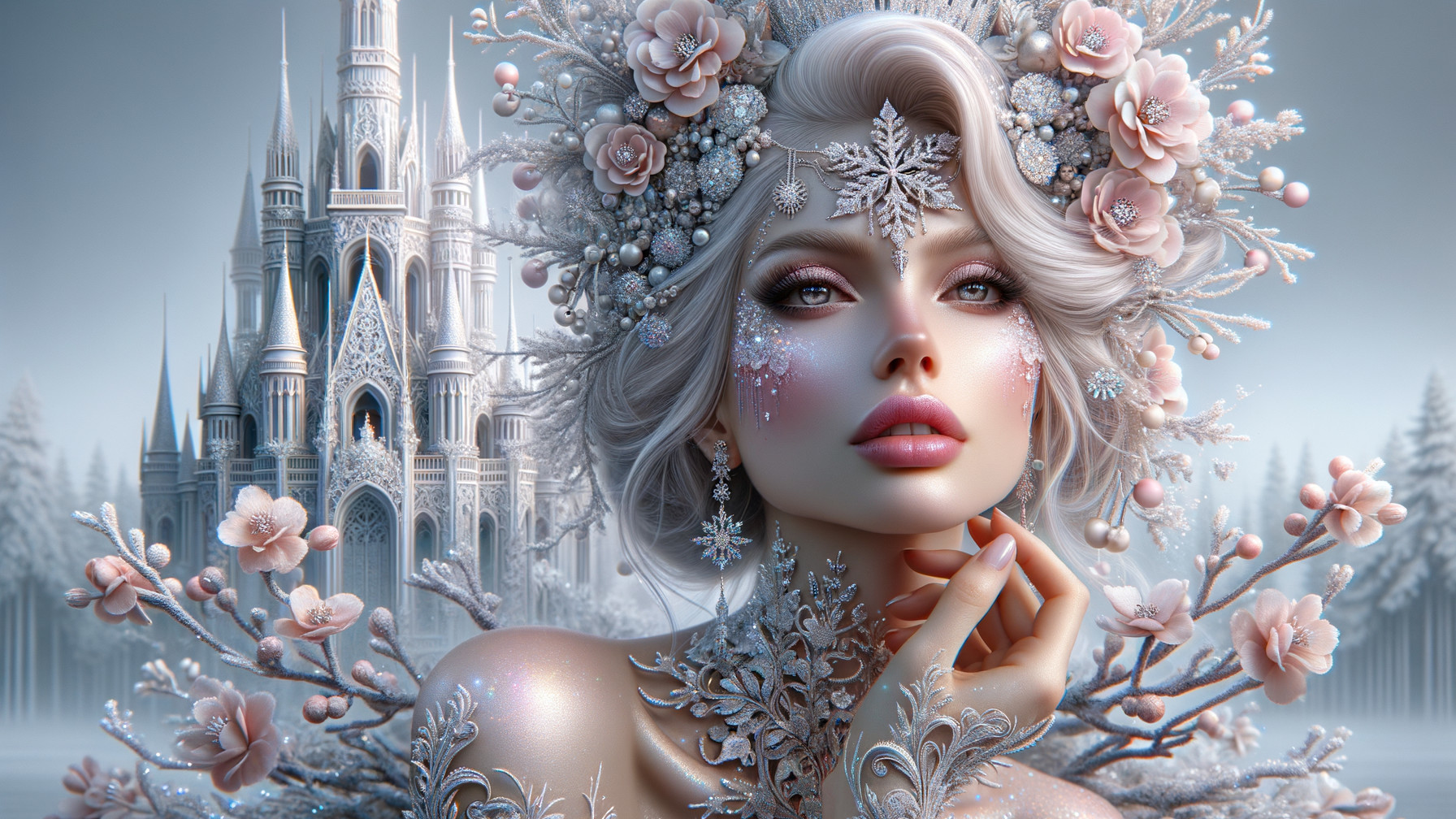 Digital painting of a woman with glitter makeup and castle