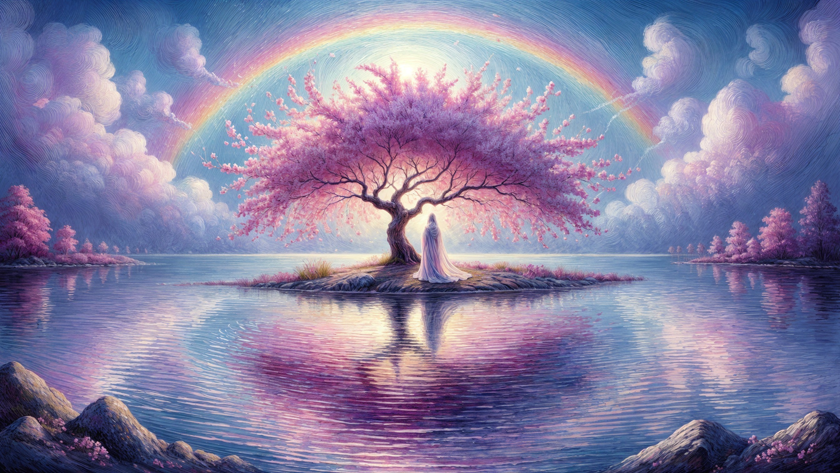 Cherry Blossom Tree on Island with Rainbow and Calm Waters