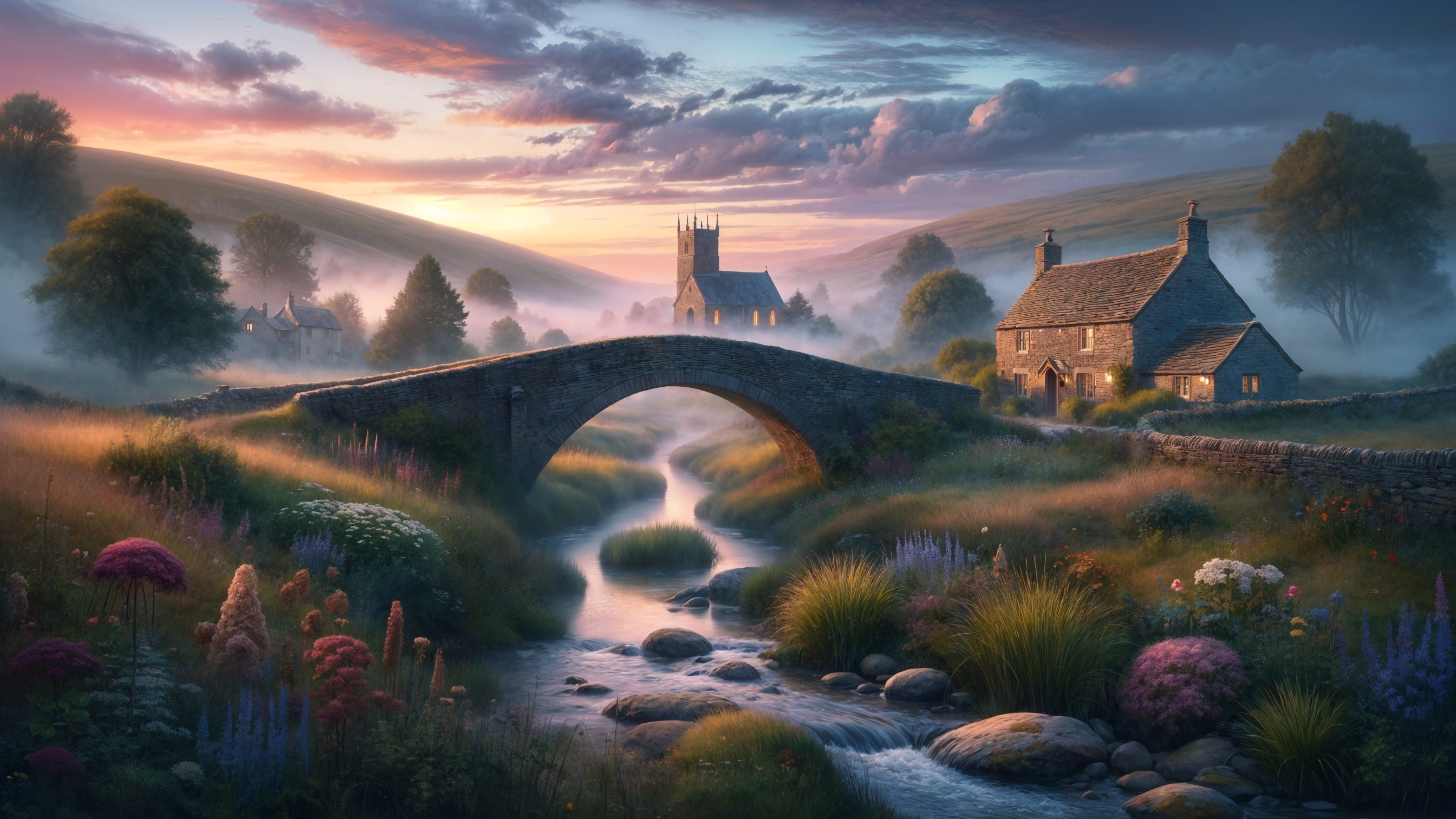 Serene Dusk Landscape with Stone Bridge and Village