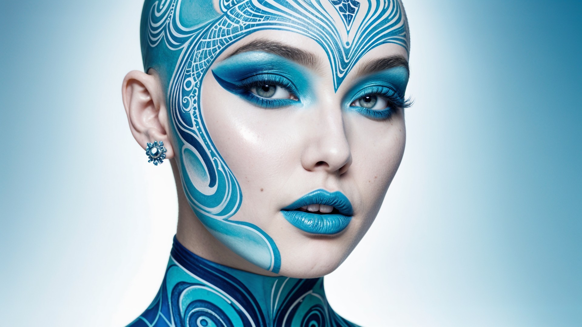 Model with Blue Body Paint and Ethereal Makeup