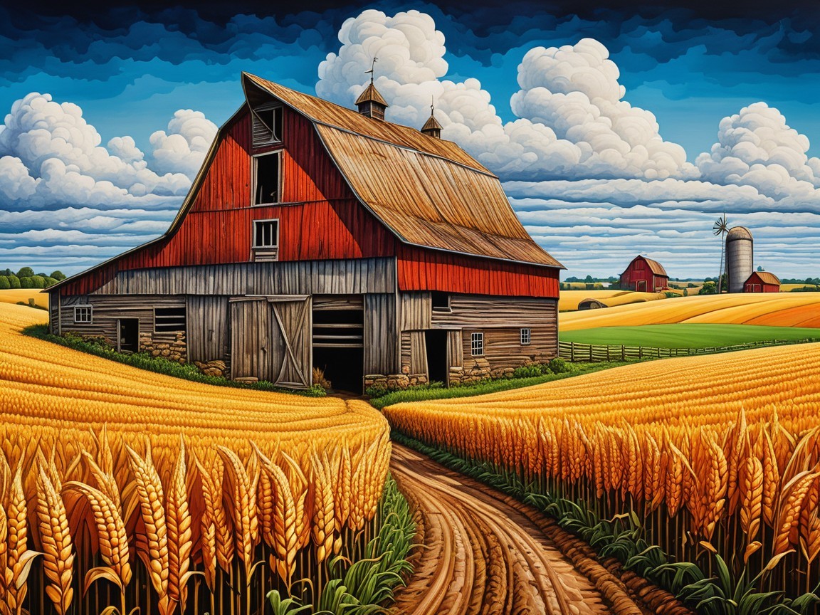 Vibrant Landscape with Barn and Wheat Fields