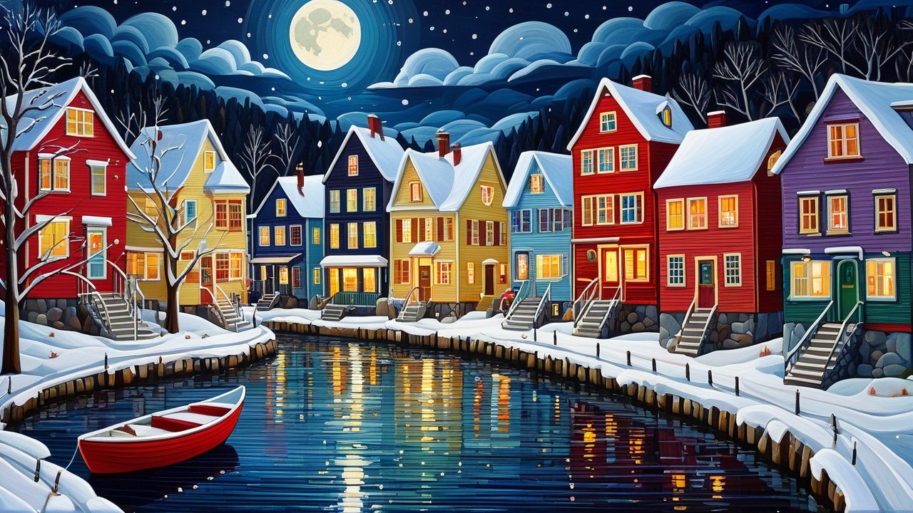 Winter Scene with Colorful Houses by a Canal