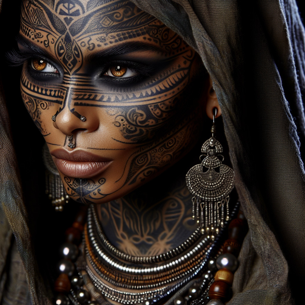 Woman with Tribal Face Tattoos and Silver Jewelry