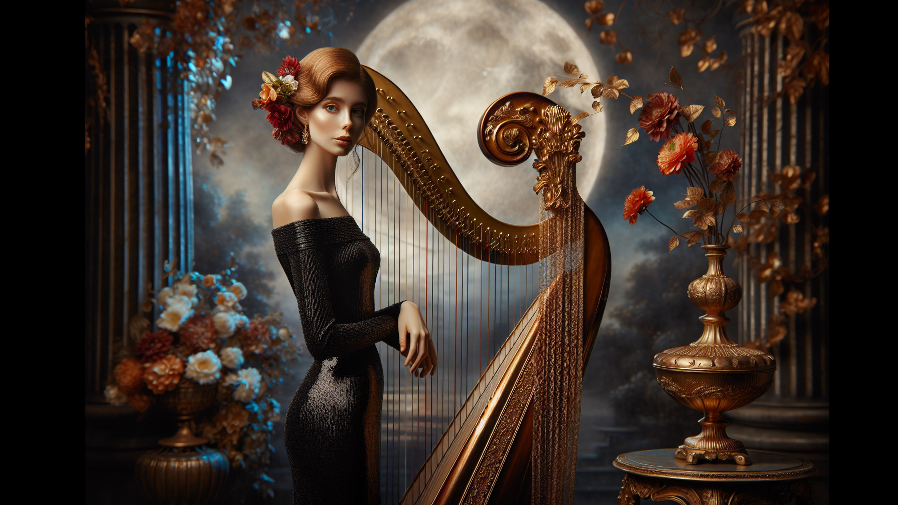 Elegant Woman in Black Dress Beside Harp and Moon