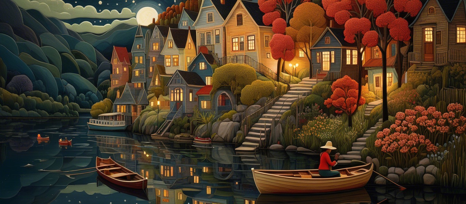 Tranquil Night Lakeside Scene with Autumn Foliage