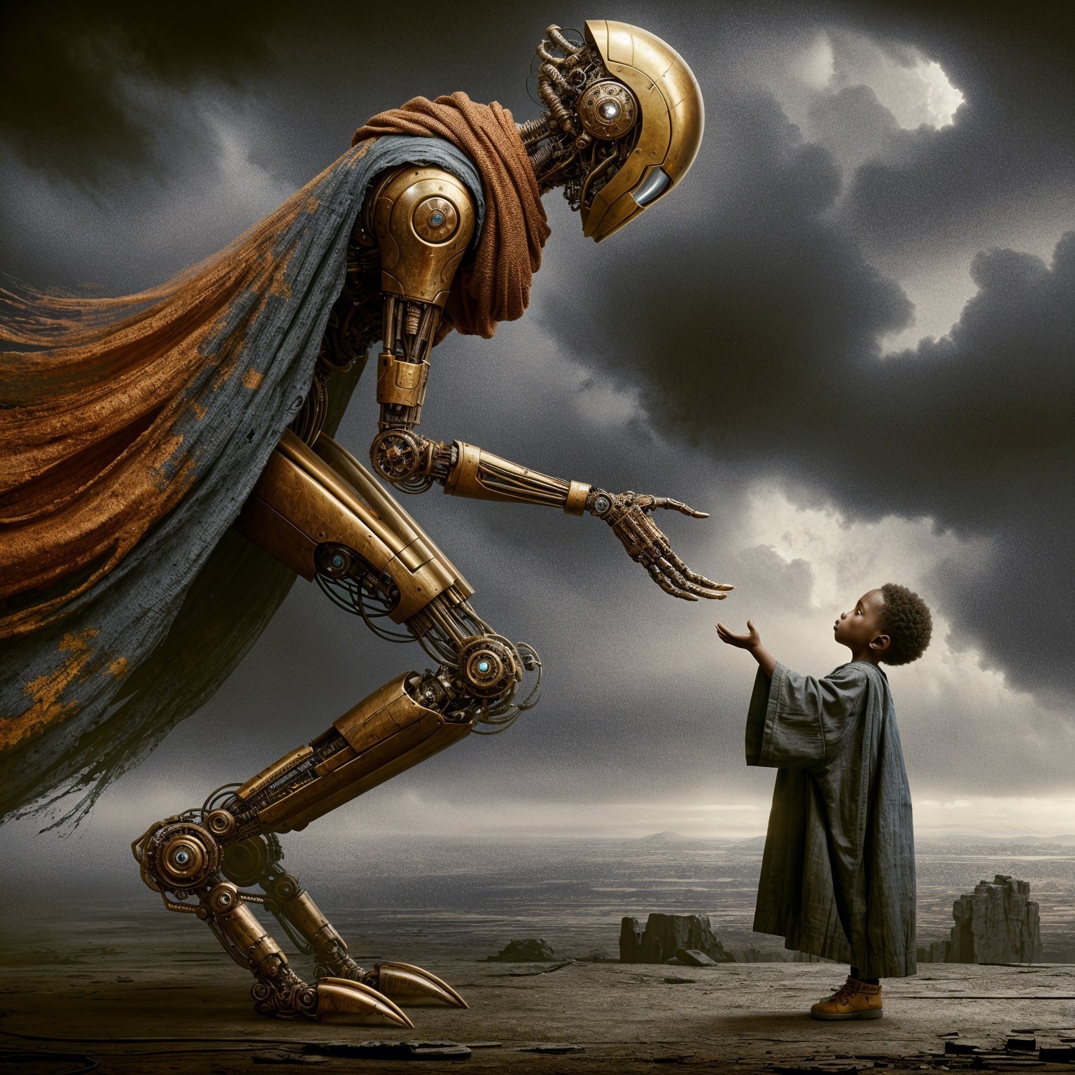 Robot and Child in a Desolate Landscape Scene