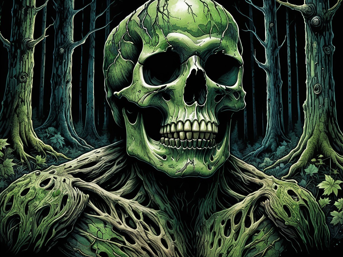 Green Skeleton in Dark Forest with Vine Roots