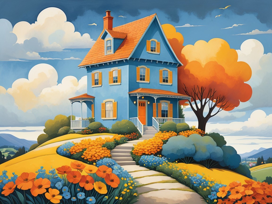 Charming Blue House on a Hill with Vibrant Flowers