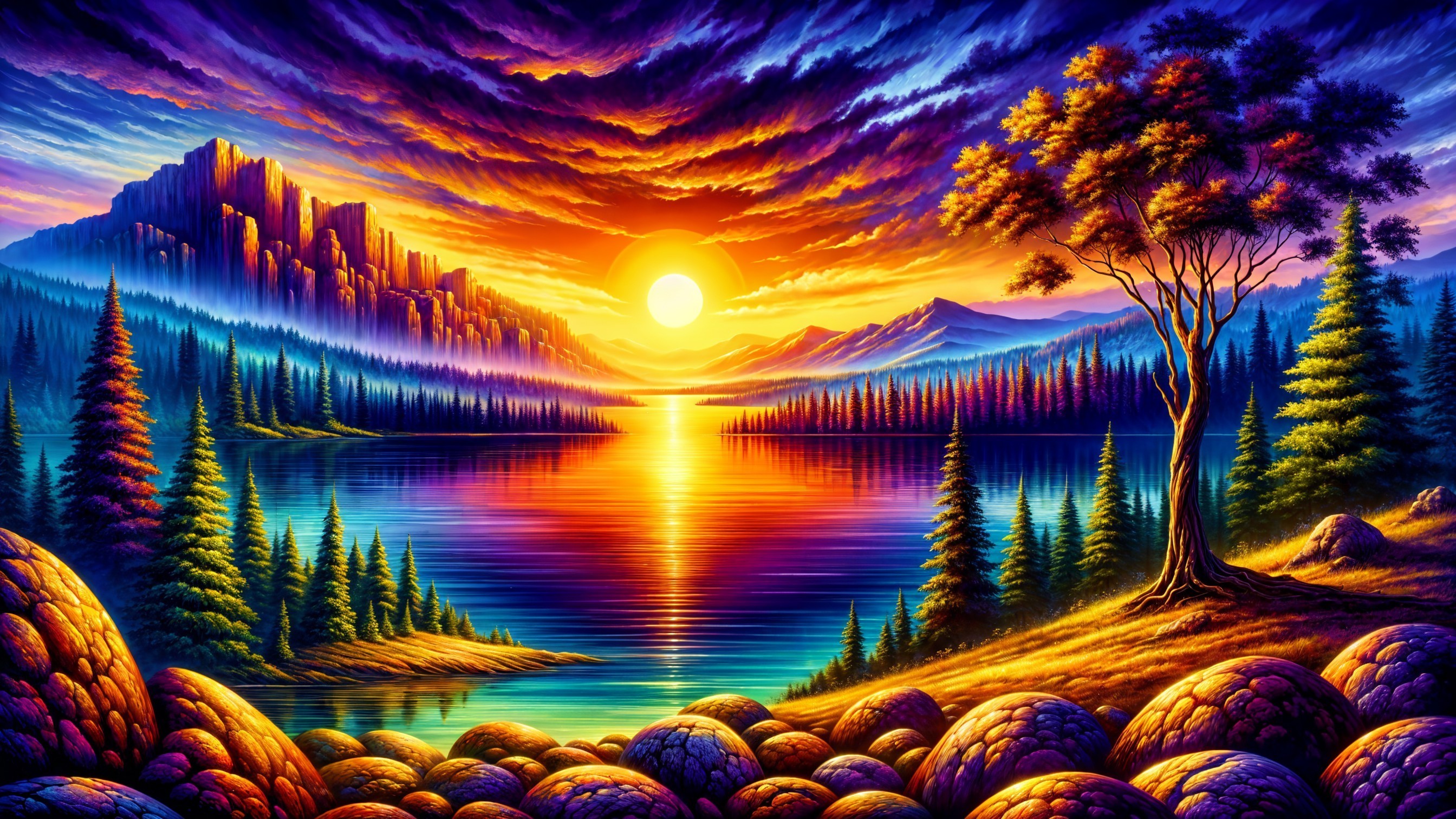 Vibrant Sunset Landscape with Serene Lake and Mountains