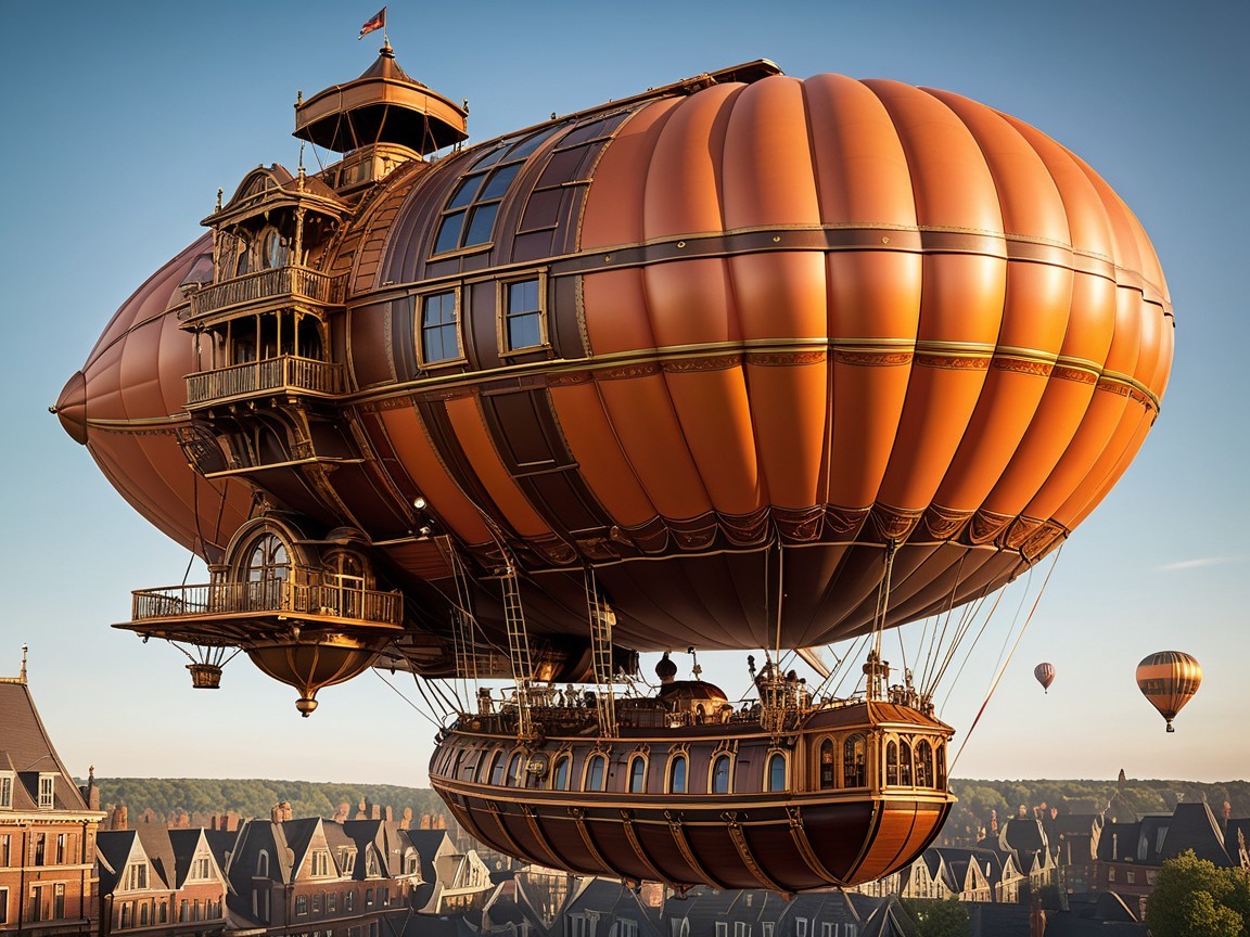 Steampunk Airship Over a Picturesque Town at Sunset