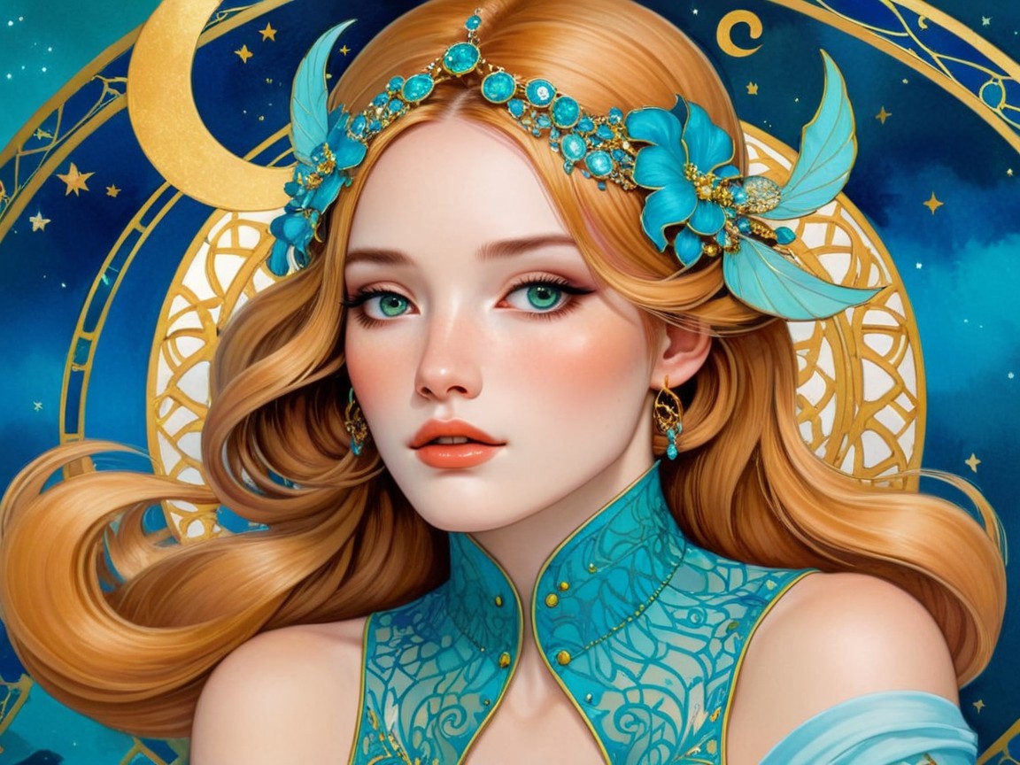 Young woman in blue dress with floral headpiece and stars