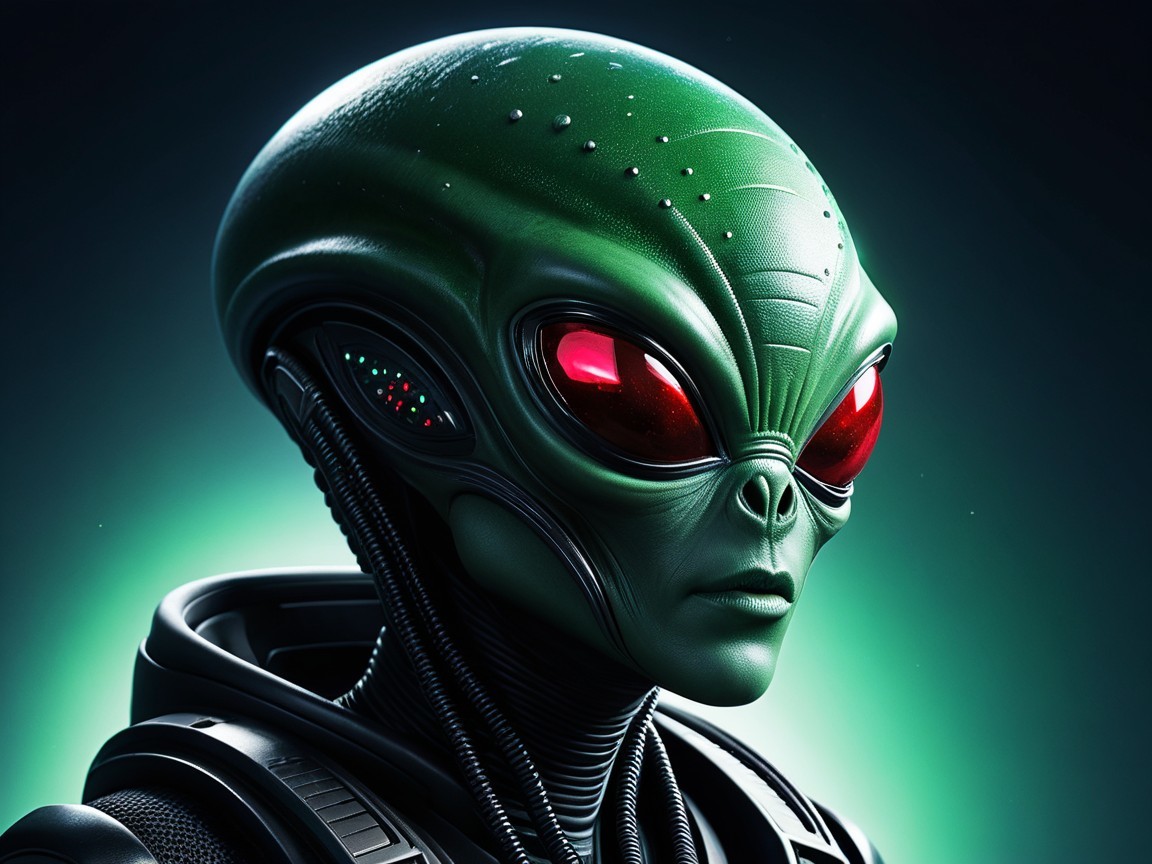 Futuristic Alien Being with Green Skin and Red Eyes