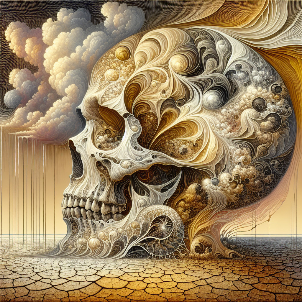 Surreal Skull with Organic Patterns and Golden Clouds