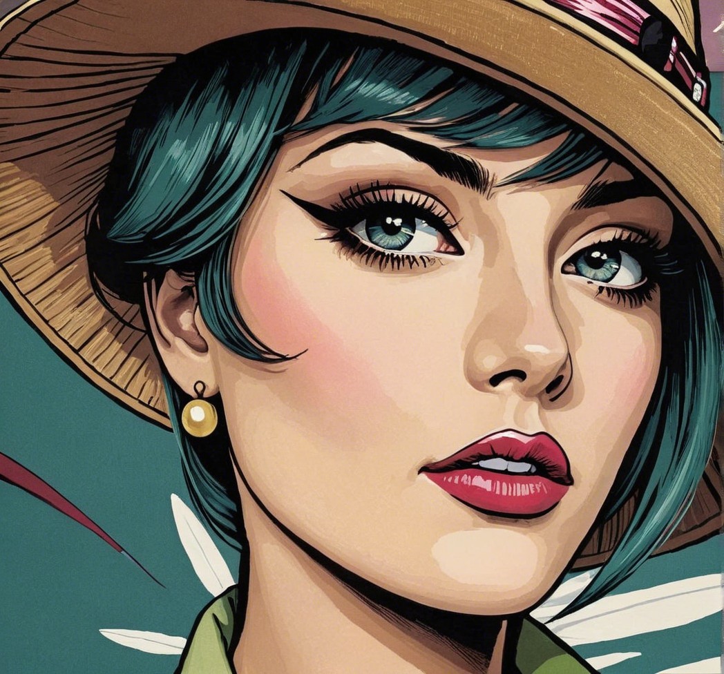 Glamorous Woman with Teal Hair and Floral Background